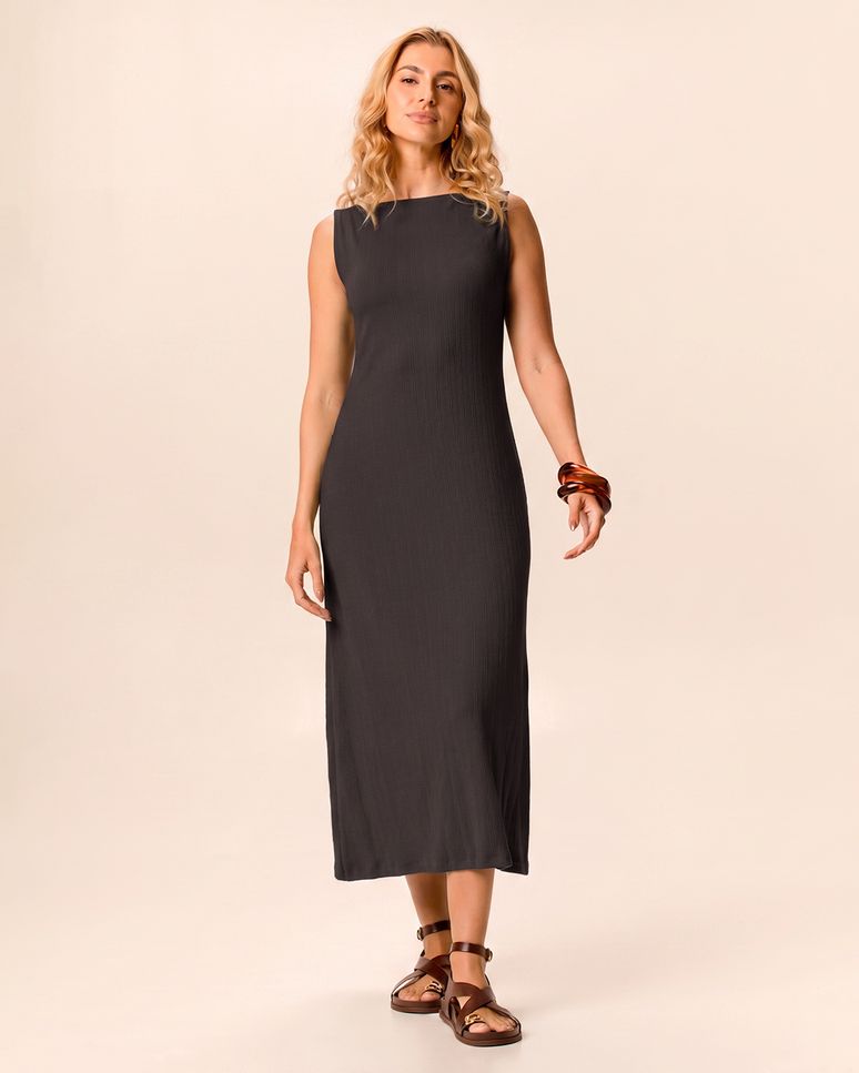 Vestido Midi Feminino Evasê Sem Manga Em Jacquard Texturizado