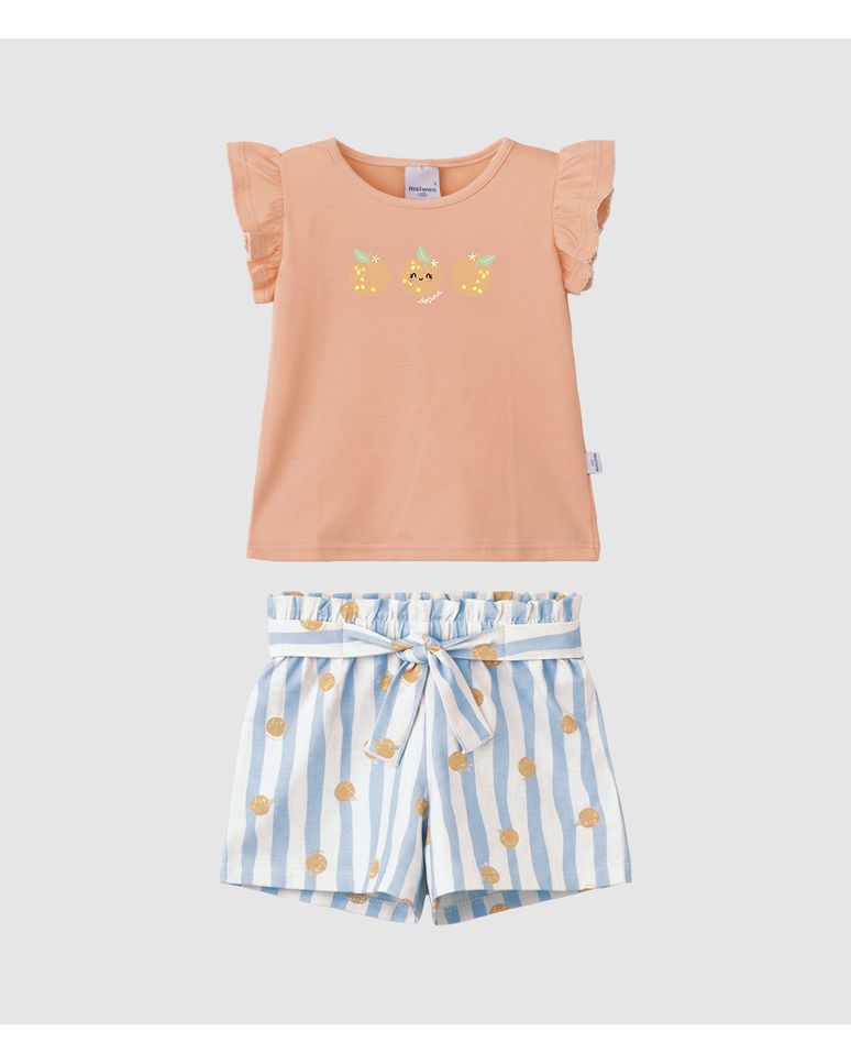 Conjunto Infantil Menina Shorts Listrado Laço Decorativo Em Algodão Malwee Kids