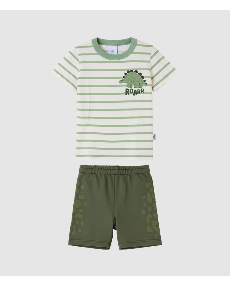Conjunto Infantil Menino Camiseta Listrada Dino e Bermuda Pegadas Malwee Kids