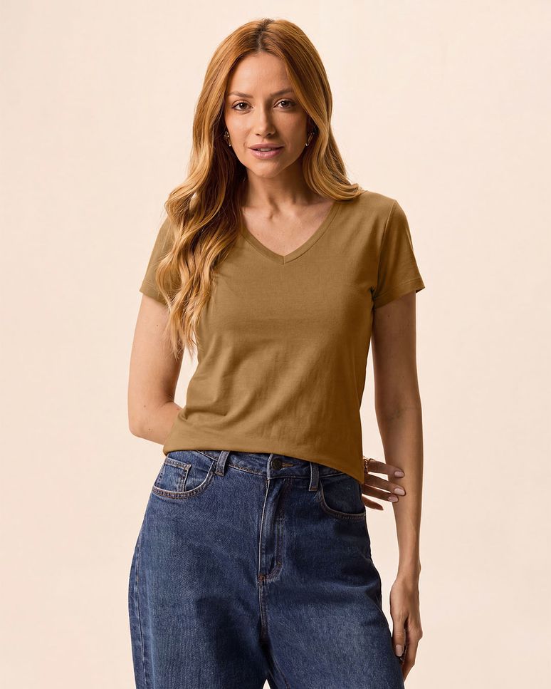 Blusa Básica Feminina Slim Decote V Manga Curta Em Viscose Stretch