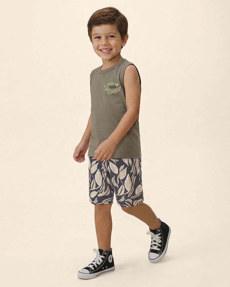 Conjunto Infantil Menino Regata E Bermuda Estampada Microfibra Malwee Kids