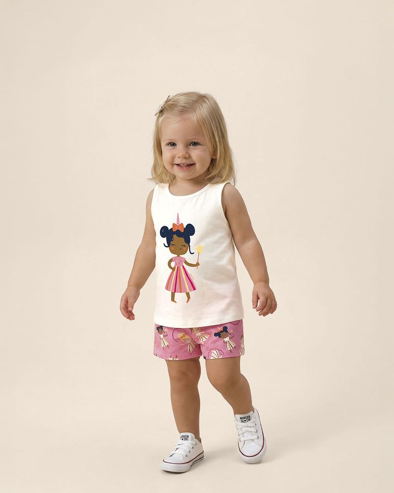 Conjunto Infantil Menina Regata Estampa Com Glitter E Shorts Malwee Kids