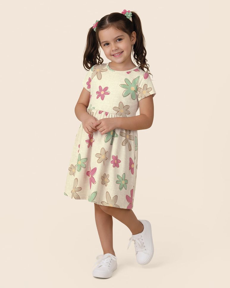 Vestido Infantil Evasê Manga Curta Estampado Em Algodão Malwee Kids