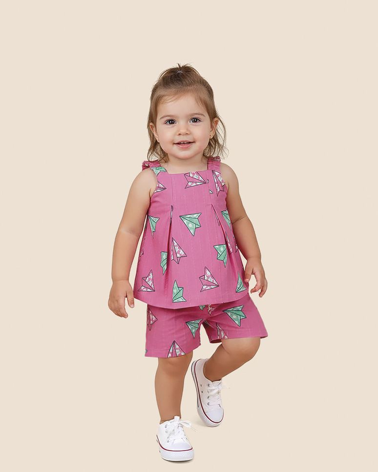 Conjunto Infantil Menina Blusa E Shorts Estampa Aviõezinhos Malwee Kids