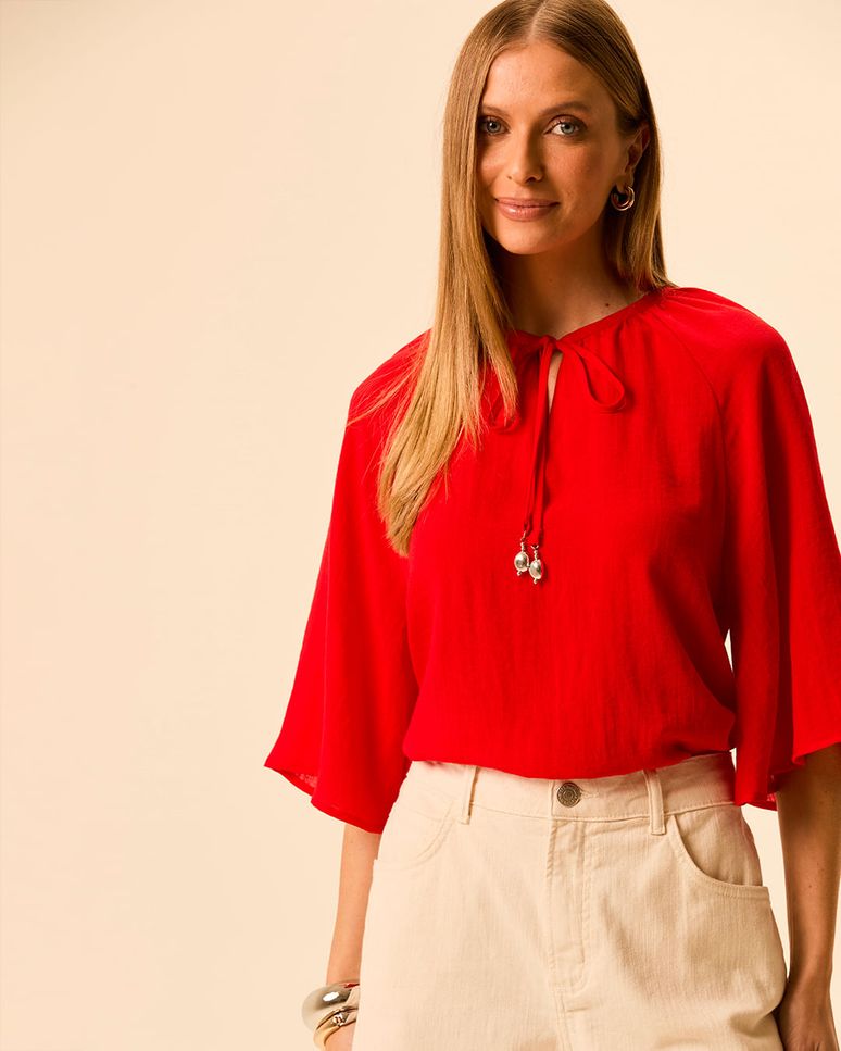 Blusa Bata Feminina Decote V Detalhe Amarração Em Viscose Texturizada