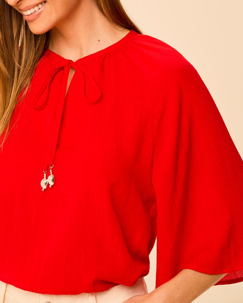 Blusa Bata Feminina Decote V Detalhe Amarração Em Viscose Texturizada