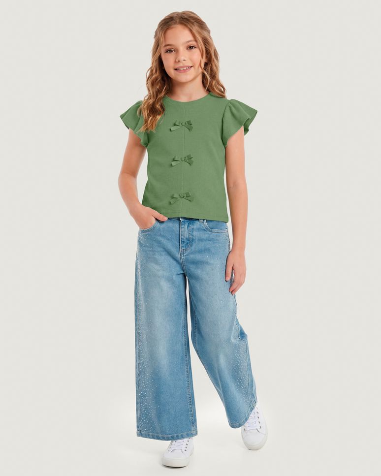 Calça Menina Wide Leg Em Jeans Stretch Com Detalhe Em Strass - Carinhoso