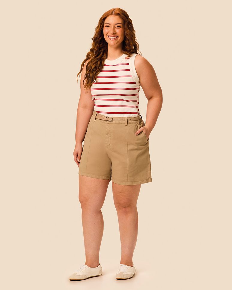 Bermuda Feminina Plus Size Evasê Acompanha Cinto Em Sarja Com Elastano