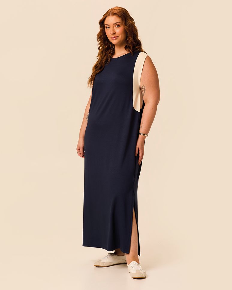 Vestido Midi Feminino Plus Size Reto Recorte Contraste Em Moletinho De Viscose