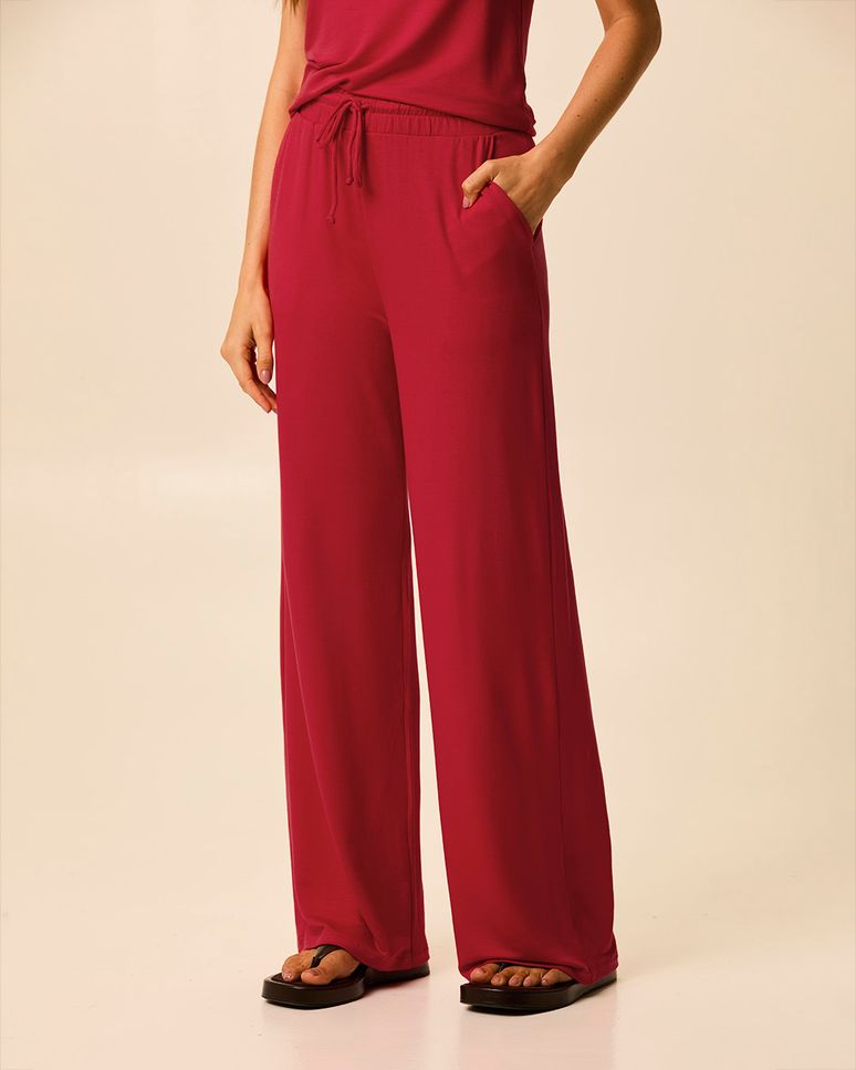 Calça Wide Leg Feminina Bolso Faca Cadarço Frontal Em Moletinho De Viscose