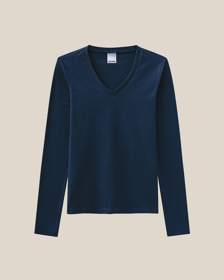 Blusa Básica Feminina Gola V Manga Longa Em Algodão