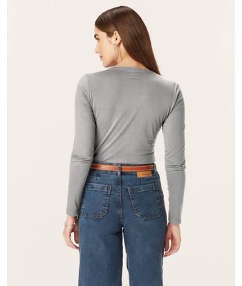 Blusa Básica Feminina Decote Redondo Manga Longa Em Algodão