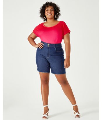 Bermuda Feminina Plus Size Abotoamento Duplo Em Jeans Com Elastano