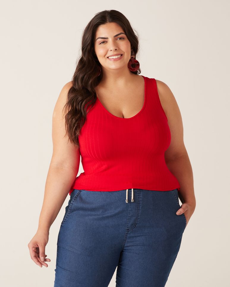 Regata Básica Feminina Plus Size Decote V Em Canelado De Viscose