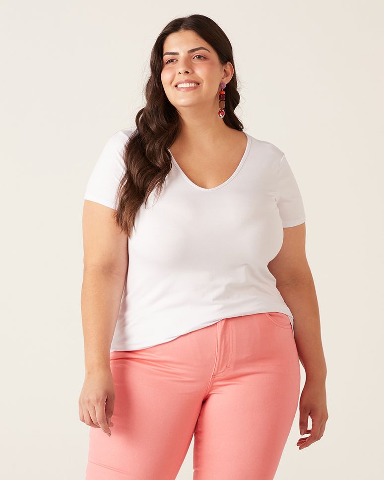 Blusa Básica Feminina Plus Size Decote V Em Viscose Stretch