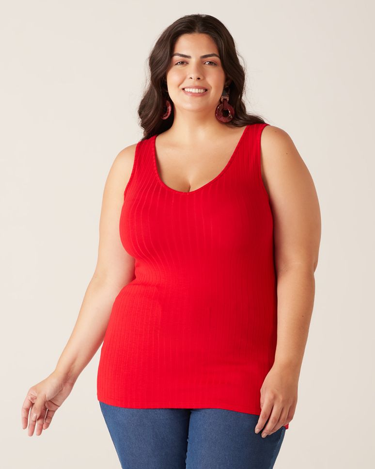 Regata Básica Feminina Plus Size Decote V Em Canelado De Viscose