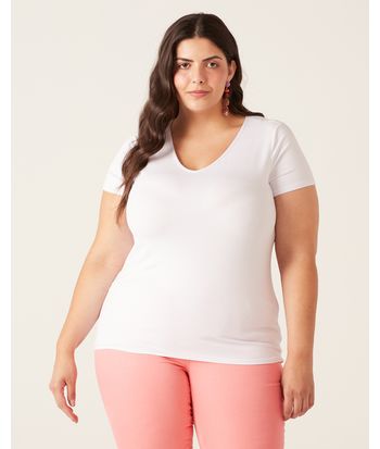 Blusa Básica Feminina Plus Size Decote V Em Viscose Stretch