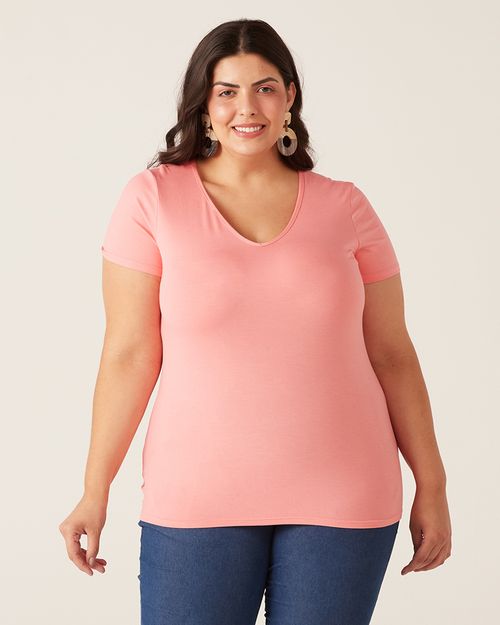 Blusa Básica Feminina Plus Size Decote V Em Viscose Stretch