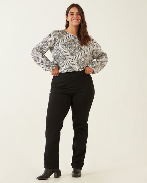 Calça Reta Básica Feminina Plus Size Cintura Média Em Algodão