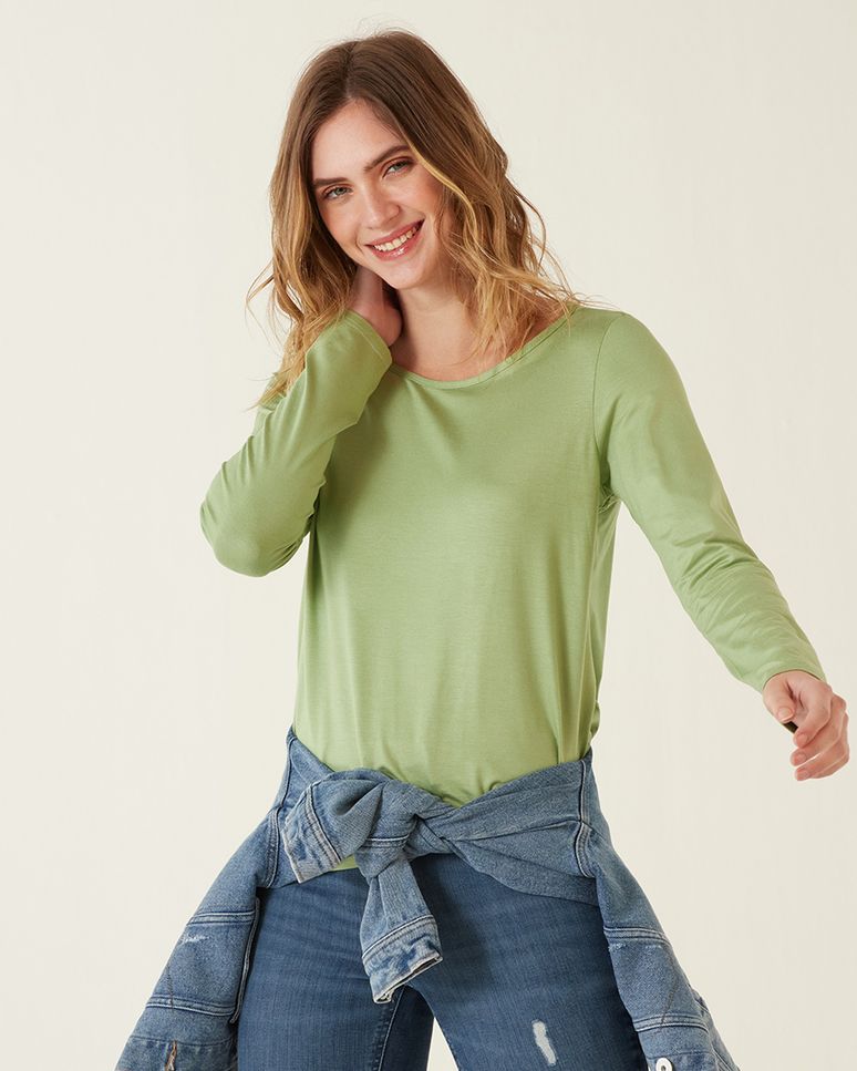 Blusa Básica Feminina Manga Longa Decote Canoa Em Viscose Stretch