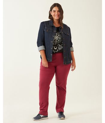 Calça Reta Básica Feminina Plus Size Cintura Média Em Algodão
