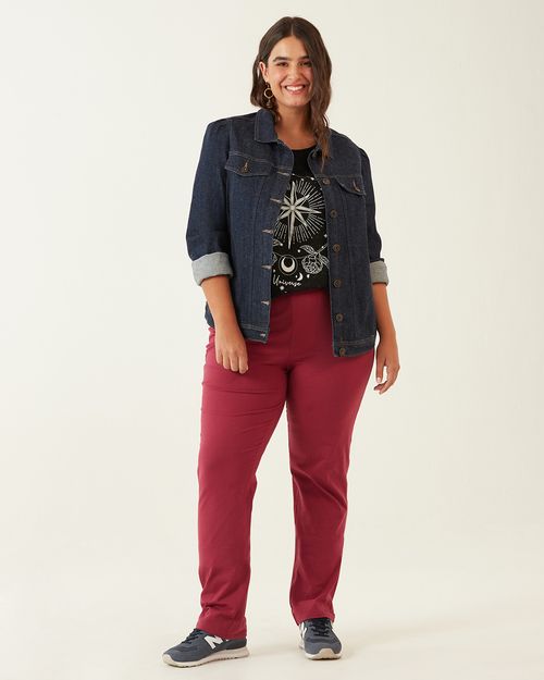 Calça Reta Básica Feminina Plus Size Cintura Média Em Algodão