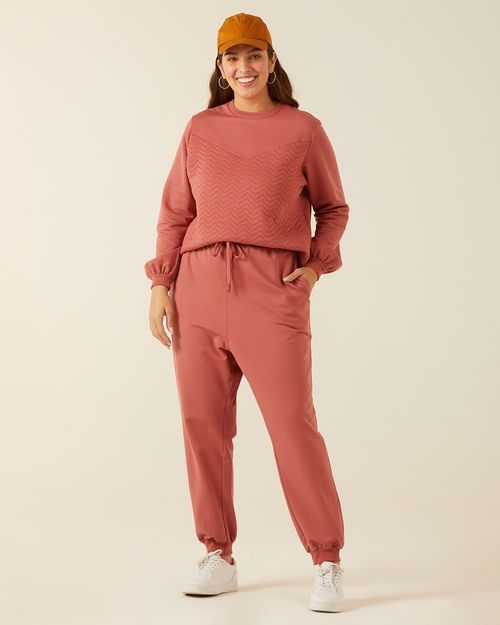 Calça Básica Feminina Plus Size Jogger Em Moletom Stretch Flanelado