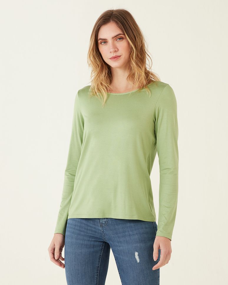 Blusa Básica Feminina Manga Longa Decote Canoa Em Viscose Stretch
