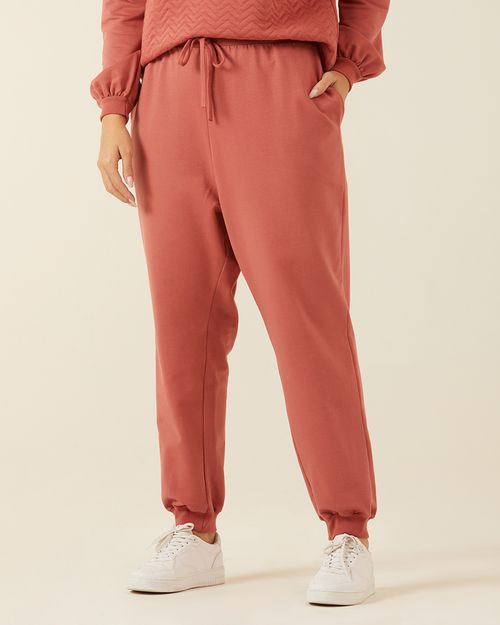 Calça Básica Feminina Plus Size Jogger Em Moletom Stretch Flanelado