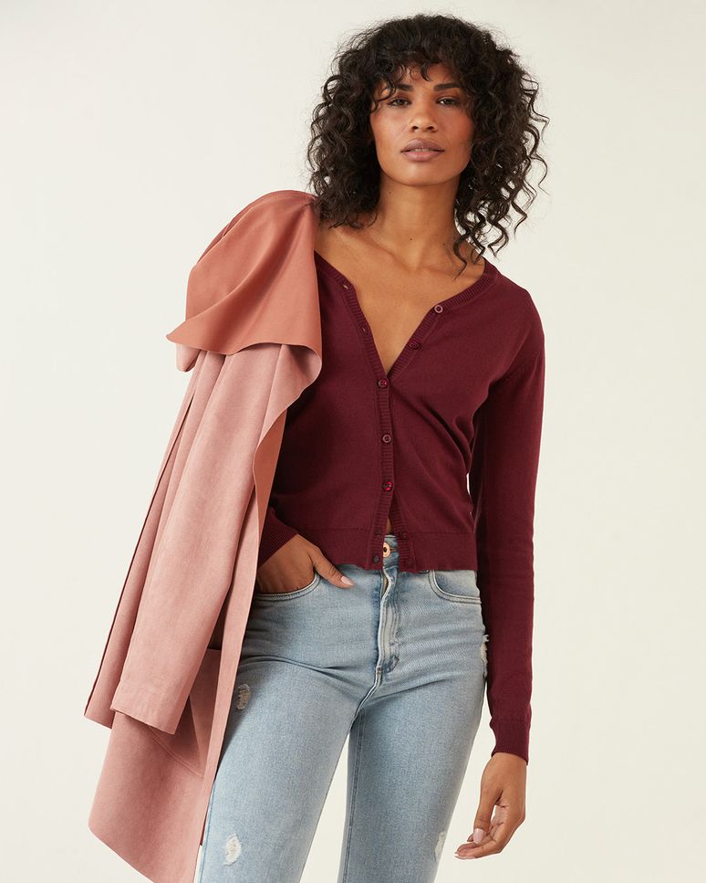 Cardigan Básico Feminino Decote V Em Tricô