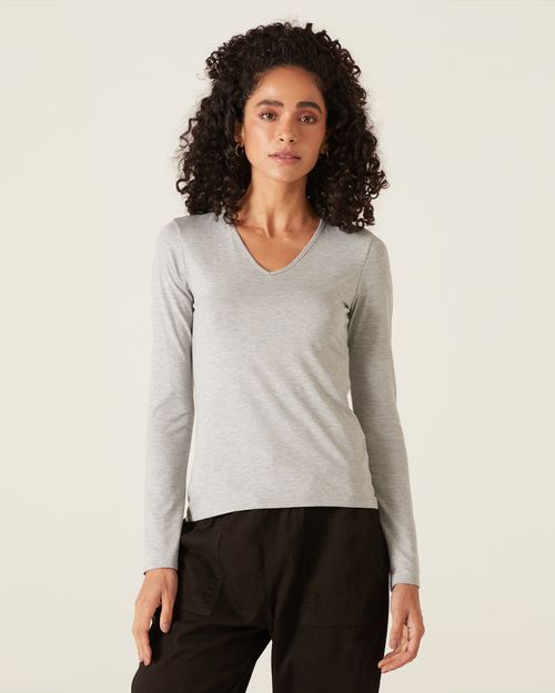 Blusa Básica Feminina Gola V Manga Longa Em Viscose Stretch