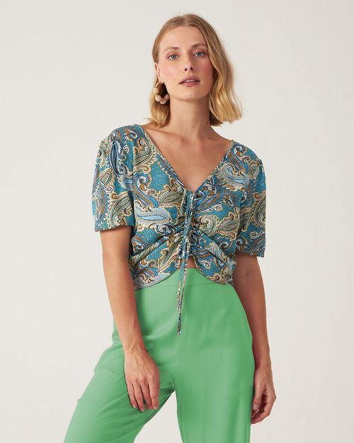 Blusa Feminina Paisley Manga Bufante Em Viscose Enrugada