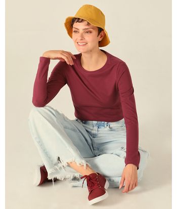 Blusa Básica Feminina Decote Redondo Manga Longa Em Algodão