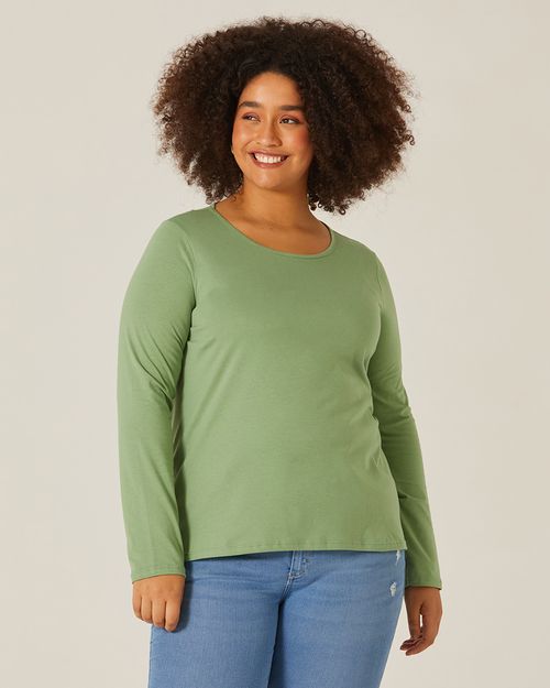 Blusa Básica Feminina Plus Size Manga Longa Em Algodão