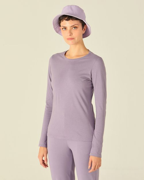 Blusa Básica Feminina Decote Redondo Manga Longa Em Algodão
