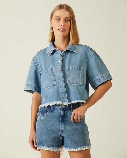 Camisa Oversized Cropped Feminina Em Jeans 100% Algodão