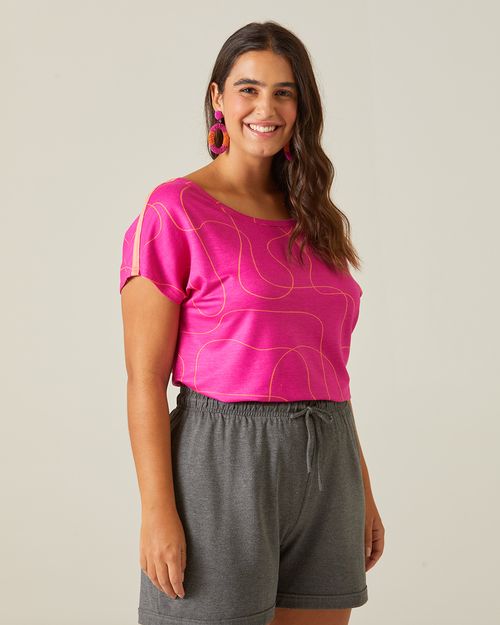 Blusa Feminina Plus Size Linhas Abstratas Em Moletinho De Viscose