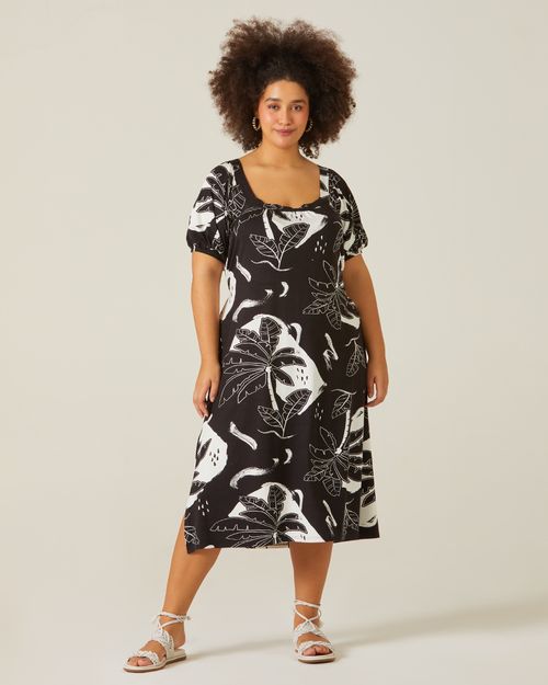 Vestido Feminino Plus Size Tropical Decote Quadrado Em Viscose Stretch