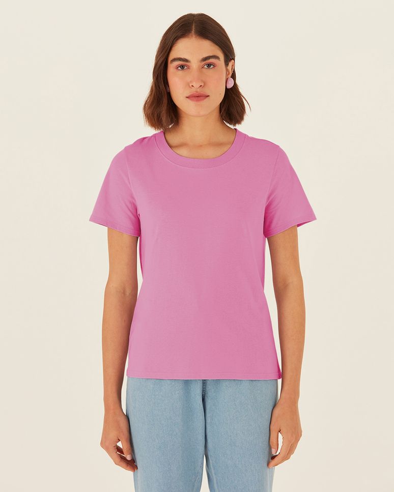 Blusa Básica Feminina Decote Redondo Com Pesponto Em Algodão