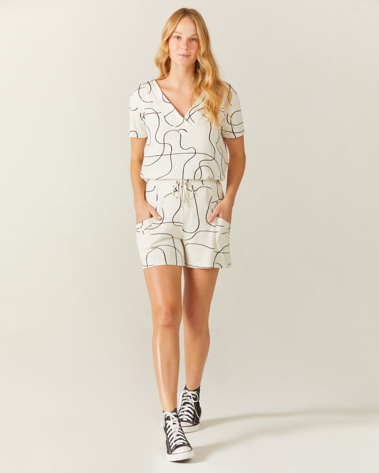 Shorts Feminino Linhas Abstratas Cintura Alta Em Viscolinho