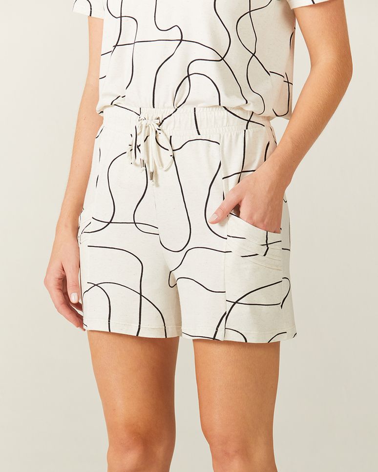 Shorts Feminino Linhas Abstratas Cintura Alta Em Viscolinho