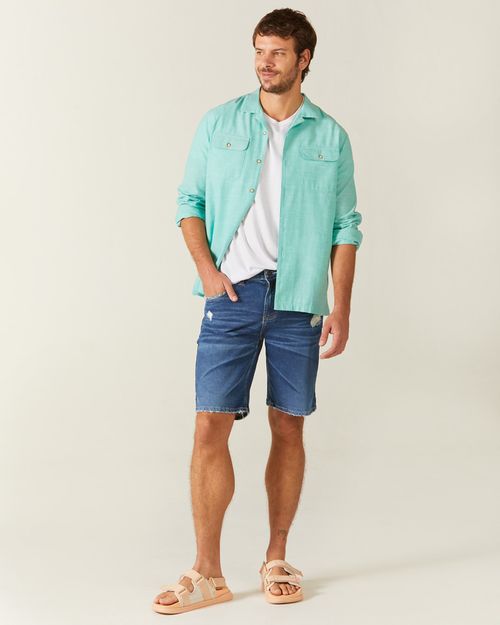 Bermuda Masculina Slim Com Puídos Em Jeans Com Elastano