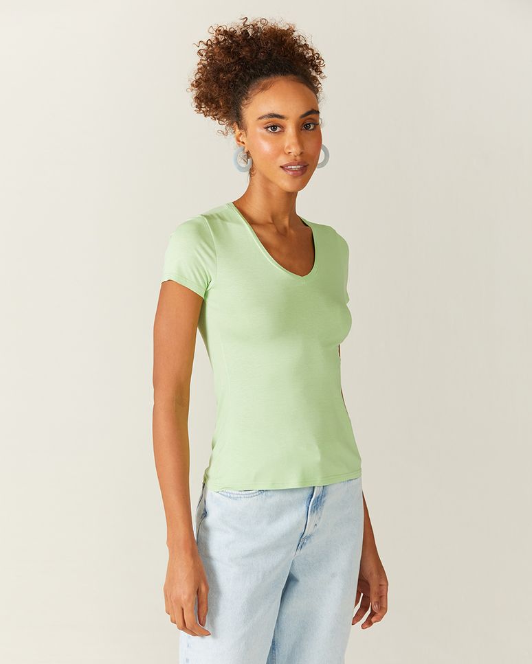 Blusa Básica Feminina Decote V Em Viscose Stretch