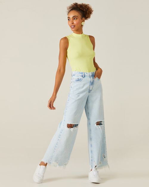 Calça Wide Leg Feminina Rasgo No Joelho Em Jeans 100% Algodão
