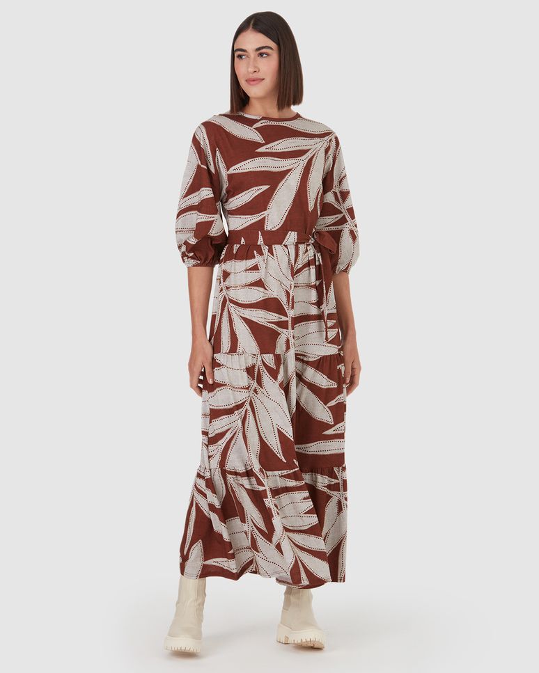 Vestido Midi Feminino Folhas Manga 3/4 Em Algodão