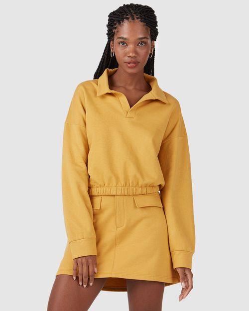 Blusão Long Cropped Feminino Gola Polo Em Moletom Flanelado
