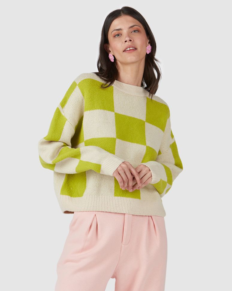 Blusão Amplo Feminino Quadriculado Gola Redonda Em Tricô