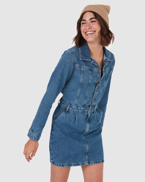Vestido Curto Feminino Manga Longa Em Jeans 100% Algodão