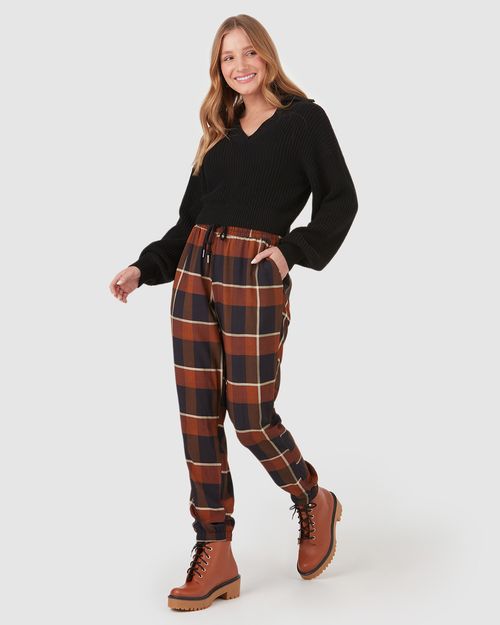 Calça Jogger Feminina Xadrez Cintura Média Em Viscose