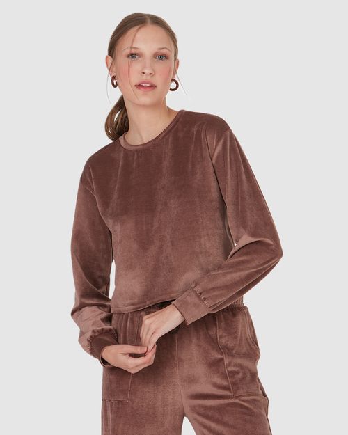 Blusa Básica Feminina Manga Longa Em Veludo Canelado